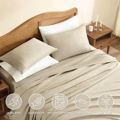 ClevaHome Sheet Set King Size, 4-Piece Bedding, Lightweight & Super Soft Easy Care Microfiber– Shrinkage & Fade Resistant Bedding Set with 14'' Deep Pockets (Sandy Beige)