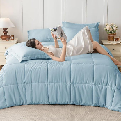 JOLLYVOGUE King Comforter Set, Ultra-Soft Bed in a Bag King Size 7 Pieces, Oeko-TEX Certified Bedding Set with Down Alternative Comforter, Sheets, Pillowcases & Shams, Lake Blue