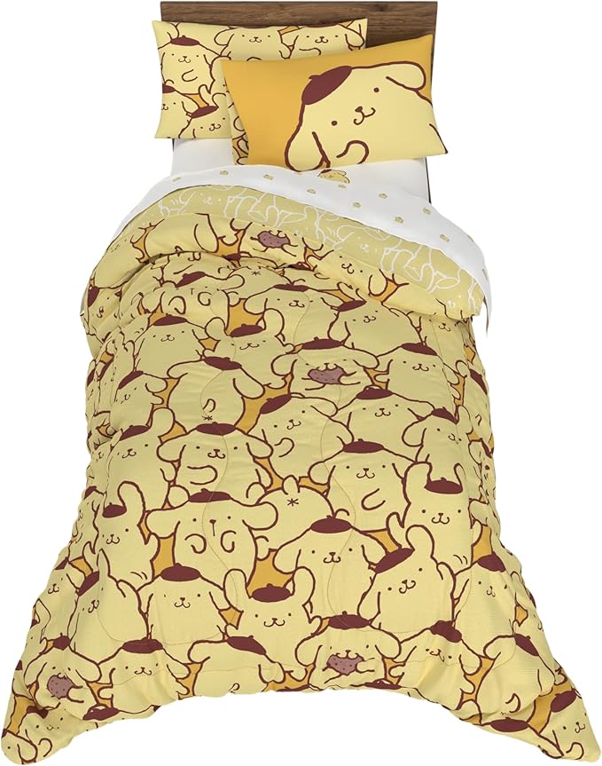 Sanrio Pompompurin Bedding Set, Twin Size 5 Piece Set Kids Super Soft Cozy Reversible Comforter and Sheet Set with Sham, (100% Officially Licensed Product) by Franco