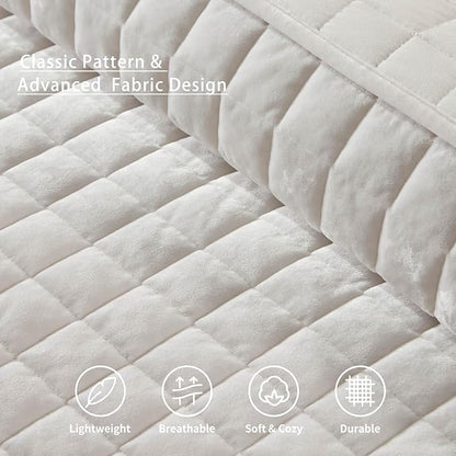 LEAONME Velvet Quilt Oversized California King-120''x120'', Lightweight White Velvet Comforter Set with 2 Pillow Shams, Oversized Bedspread Coverlet Quilted Bedding Set for All Season