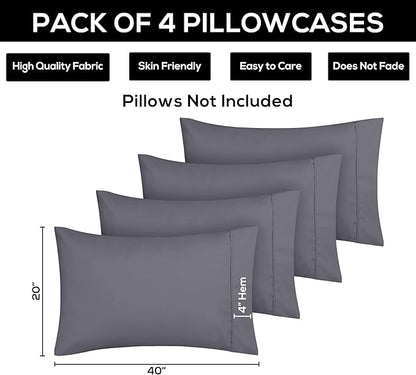 Utopia Bedding King Pillow Cases - 4 Pack - Envelope Closure - Soft Brushed Microfiber Fabric - Shrinkage and Fade Resistant Pillow Covers King Size 20 X 40 Inches (King, Grey)