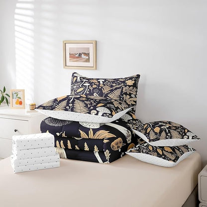 Retro Jungle Leaves Comforter Set 7 Piece,Rustic Mushroom Botanica Bed Set,Vintage Farmhouse Decor Bedding Bed in a Bag,King (1 Comforter,2 Pillowcase,2 Pillow Covers,1 Flat Sheet,1 Fitted Sheet)