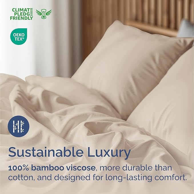 100% Rayon Derived From Bamboo - Bamboo Sheets Full Size - Cooling Sheets for Full - Ultra Soft, Breathable & Hotel Luxury Bedding - 1 Flat & 1 Fitted & 2 Pillowcases w/ 16 Inch Deep Pockets - Wheat
