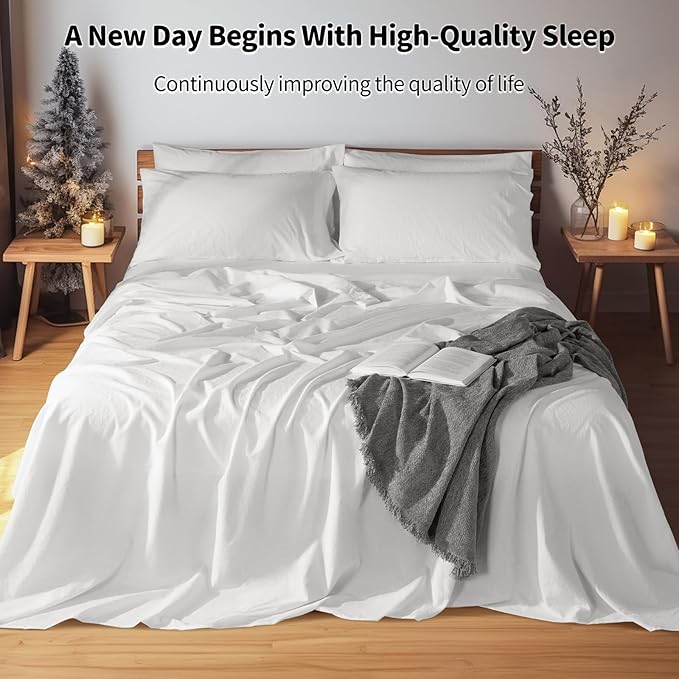 LBRO2M 100% Pure Linen Sheet Set Deep Pocket Up to 16" Bed Sheets Sets, Natural Flax Beddings Soft, Breathable, Comfortable for All Seasons 6 Pcs Sheet Set Full Size, White