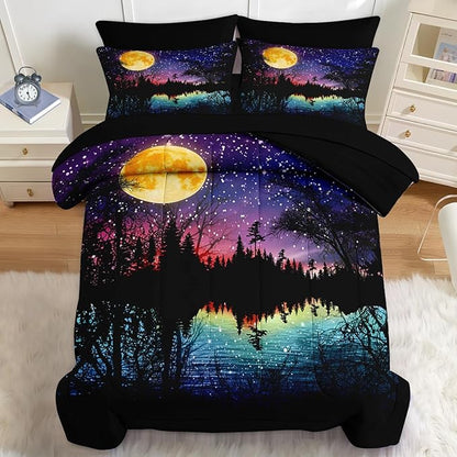 Nesker Comforter Set Full Size, Starry Woodland Fantasy 7 Pcs Bedding for Kids and Adults, Purple Lake Moonlight Bed Sheet Sets with Fitted Sheet 2 Pillowcases & 2 Shams