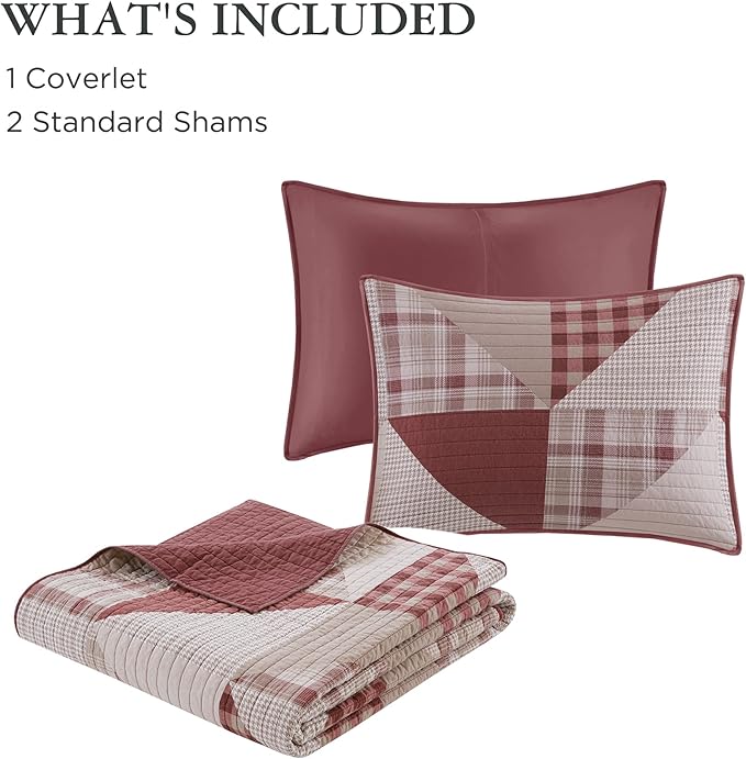 Woolrich Reversible Coverlet Set - Cottage Styling Reversed to Solid Color, All Season Lightweight Coverlet, Cozy Bedding Layer, Matching Shams, Oversized Full/Queen, Olsen Red | Reversible, Lightweight, All Season