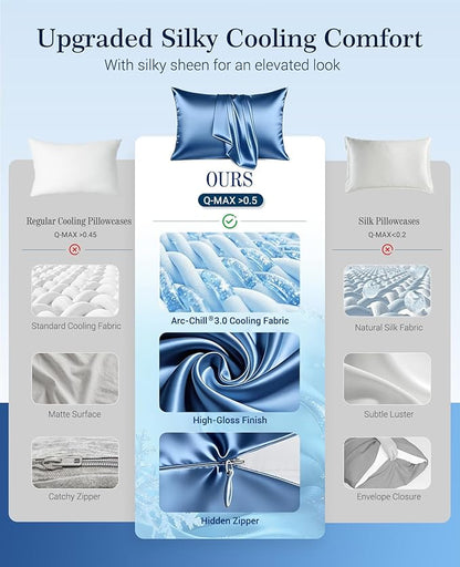 Elegear Cooling Pillow Cases for Hot Sleepers, Upgraded Arc-Chill Cooling Satin Pillowcase Q-max>0.5, Soft Silky Satin Pillowcase for Hair & Skin, Luxury Zipper Pillowcase Cover Set of 2-King,Blue