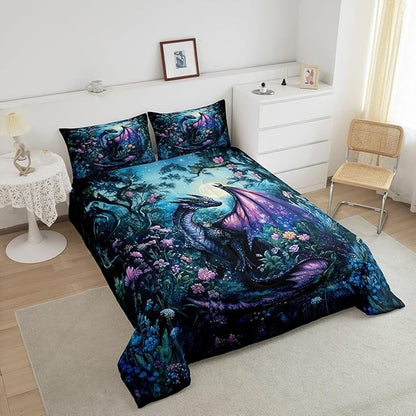 Feelyou Dragon Comforter Set Full Size Comforter for Boys Girls Teens Wild Life Bedding Set Jungle Dragon Duvet Set Room Decor Balck Blue Quilt Set