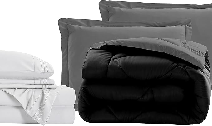 Elegant Comfort 7-Piece Bed-in-a-Bag Comforter & Sheet Set- Luxury 1500 Thread Count 7-Piece Split King Size Bed-in-a-Bag, Cozy Bed Sheets and Comforter Set, Wrinkle and Stain Resistant, Black/Gray