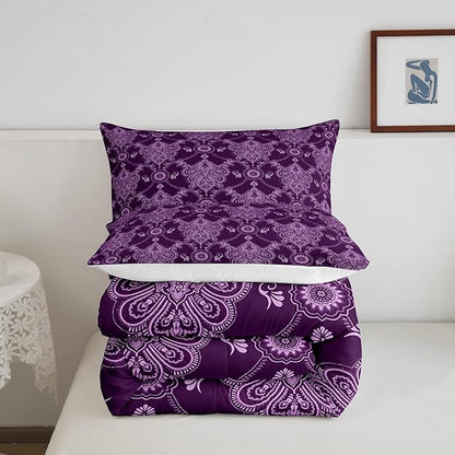 Feelyou Adults Purple Vintage Damask Floral Comforter Set Antique Drawing Classical Paisley Comforter Twin Size Gothic Bohemia Boho Floral Bedding Set Hotel Style Duvet Set Quilt Set 2Pcs