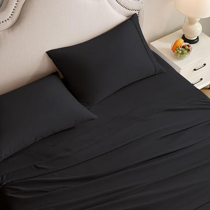 King Size Sheets Set, 4 Pieces Hotel Luxury Soft Microfiber Bed Sheets Set, Up to 16" Deep Pockets, Oeko-Tex Sheets with Elastic, Breathable, Wrinkle Free(Black,King)