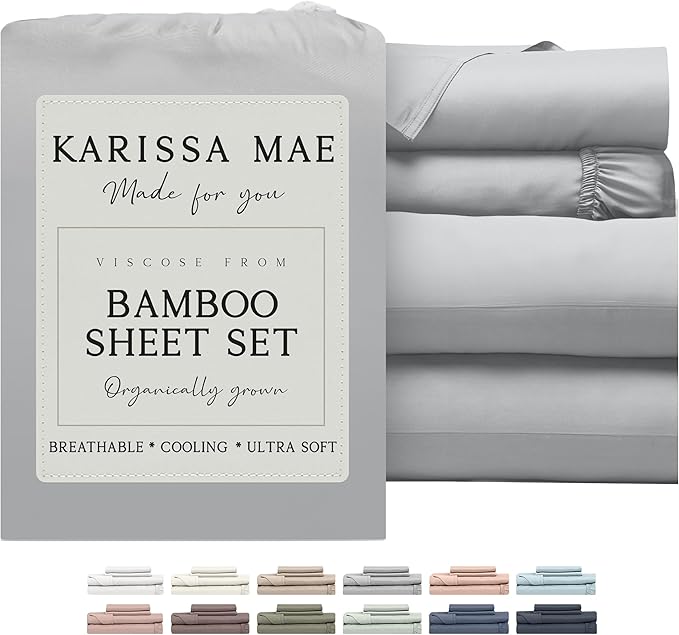 KARISSA MAE Cooling Bamboo Viscose Split King Sheet Set | 100% FSC Certified | 18” Deep Pocket | Silky, Soft, & Hypoallergenic | with Organizer Band & Elastic Corner Straps [Grey Mist]