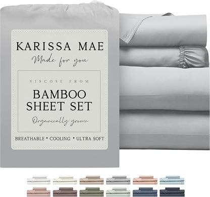 KARISSA MAE Cooling Bamboo Viscose Split King Sheet Set | 100% FSC Certified | 18” Deep Pocket | Silky, Soft, & Hypoallergenic | with Organizer Band & Elastic Corner Straps [Grey Mist]
