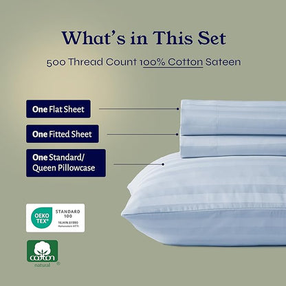 California Design Den Bed Sheets Twin Size, Soft 100% Cotton Sheets Deep Pockets Elastic, 500 Thread Count Sateen, Damask Stripe Bedding Sheets Twin Sheets (Light Blue - Striped)