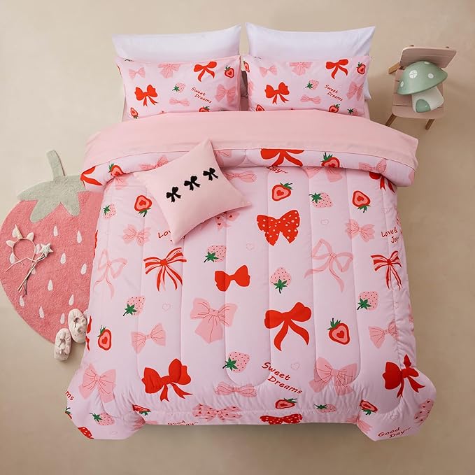 A Nice Night Red Bow Comforter Set,6 Piece Bed in a Bag Matching Sheet Set,Cute Ribbon Bowknot Bedding Sets,Princess Style Strawberry Printed,Light Pink Room Decor for Girls,Queen