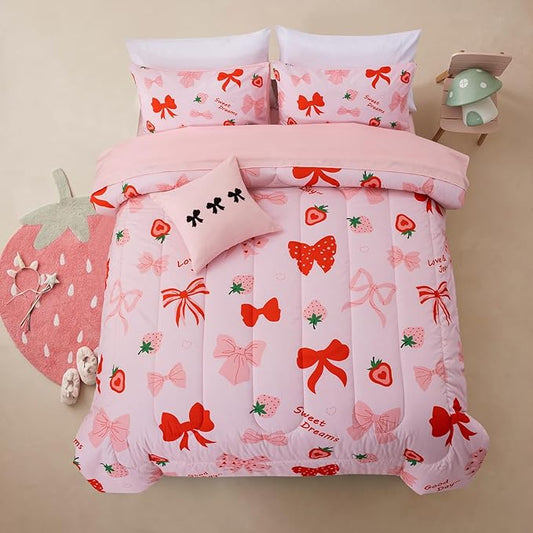 A Nice Night Red Bow Comforter Set,6 Piece Bed in a Bag Matching Sheet Set,Cute Ribbon Bowknot Bedding Sets,Princess Style Strawberry Printed,Light Pink Room Decor for Girls,Queen