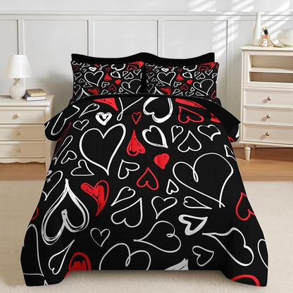 Nesker Comforter Set King Size, Heart Love Red Black 7 Pcs Bedding for Kids and Adults, My Happy Valentine Bed Sheet Sets with Fitted Sheet 2 Pillowcases & 2 Shams