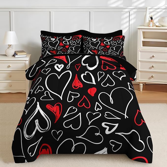 Nesker Comforter Set Full Size, Heart Love Red Black 7 Pcs Bedding for Kids and Adults, My Happy Valentine Bed Sheet Sets with Fitted Sheet 2 Pillowcases & 2 Shams