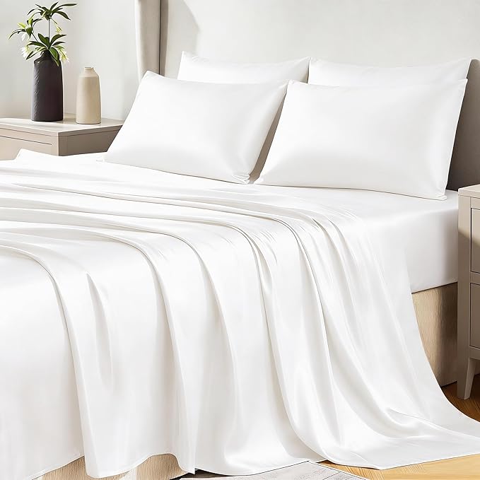 CozyLux Satin Sheets Queen Size Bed Set - 6 Piece Silky Queen Sheet Set, Luxury White Queen Sheets with Smooth and Soft Microfiber, Includes 1 Fitted Sheet, 1 Flat Sheet and 4 Pillowcases