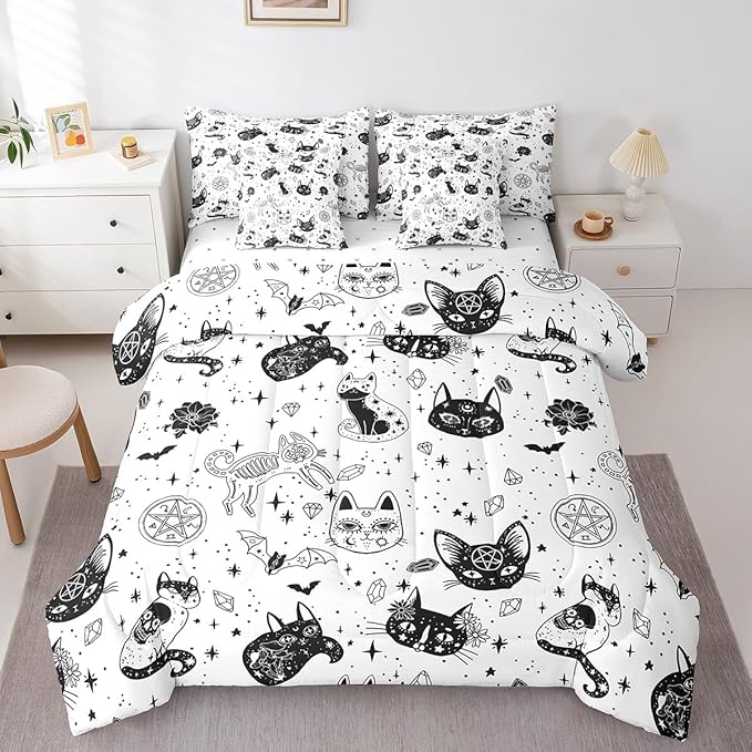Cat Skeleton Bedding Set,Black White Wildlifes King Comforter Set with Sheets for Kids Boys Girls Teens Room Decor,Mysterious Constellation Bed in a Bag 7 Piece for Bedroom Living Room