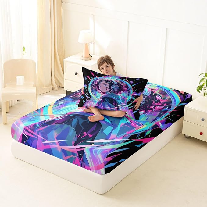 3D Anime Girl Bed Sheets American Street Culture Fitted Sheet Twin for Teens Youth Girls Watercolor Graffiti Style Bedding Set Galaxy Stars Print Sheets with 1 Pillow Case, No Flat Sheet