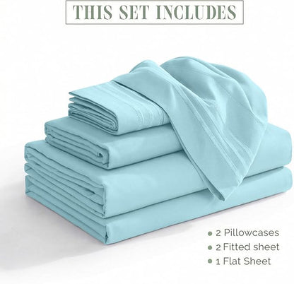 Elegant Comfort Luxurious 1500 Premium Hotel Quality Microfiber Three Line Embroidered Softest 5-Piece Bed Sheet Set, Wrinkle and Fade Resistant, Split King, Aqua