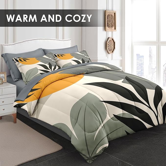 Comforter Set Twin Size, Tropical Palm Leaves 5 Pcs Bedding for Kids and Adults, Vintage Monstera Bed Sheet Sets with Fitted Sheet Pillowcase & Sham for Bedroom Bed Decor