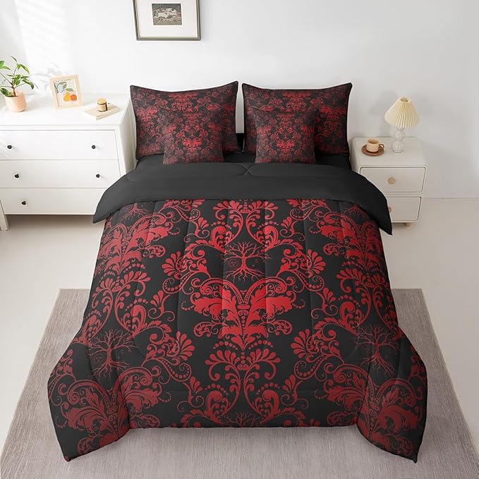 Erosebridal Gothic Damask Bed in a Bag King Size Comforter Set 7 Pieces,Sun Moon Tree of Life Bedding Sets Red Black Victorian Floral Goth Sheet Set with Comforter