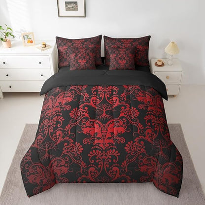 Erosebridal Gothic Damask 7 Piece Comforter Set Full Bed in a Bag,Sun Moon Tree of Life Bedding Sets Red Black Victorian Floral Goth Sheet Set with Comforter