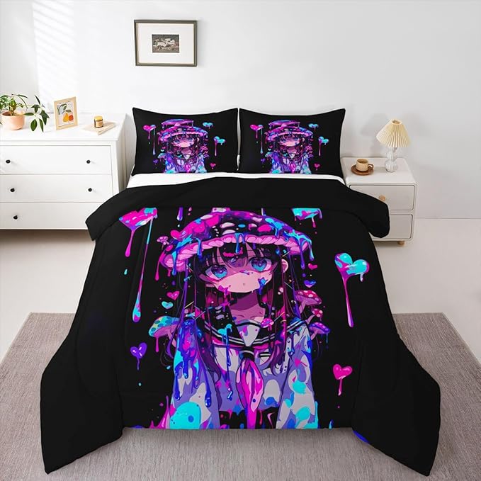 Erosebridal Mushroom Girl Comforter Set for Kids Boys Girls 3D Japanese Girly Bedding Watercolor Graffiti Duvet Set Cute Anime Gifts Comforter King with 2 Pillowcases