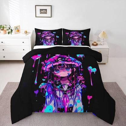 Erosebridal Mushroom Girl Comforter Set for Kids Boys Girls 3D Japanese Girly Bedding Watercolor Graffiti Duvet Set Cute Anime Gifts Comforter Full with 2 Pillowcases