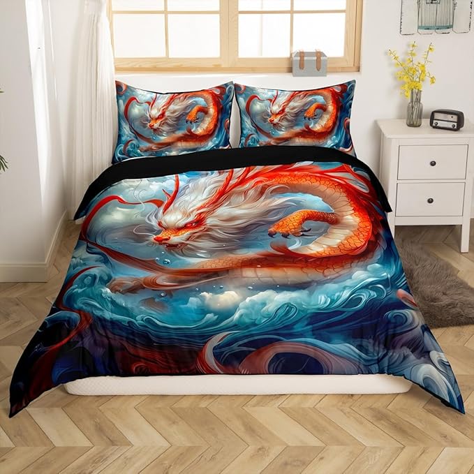 Feelyou Dragon Monster Bedding Set King Size Red Mighty Dragon Duvet Cover for Adult Kids Boys Girls Classical Monster Comforter Cover Set Wild Animal Bedspread Cover 3Pcs Zipper