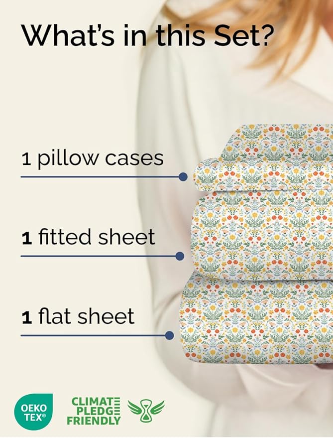 Floral Sheets - Flower Print Bed Sheet Set - 1 Flat, 1 Fitted & 1 Pillowcase w/ Deep Pockets - Comfy, Cozy, Wrinkle & Fade Free - Boho Botanical Bedding - Soft, Breathable & Cooling - Twin Size Set