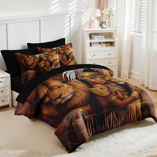 Nesker Comforter Set Twin Size, Regal Lions Queen Woman 5 Pcs Bedding for Kids and Adults, African Wildlife Brown Bed Sheet Sets with Fitted Sheet Pillowcase & Sham