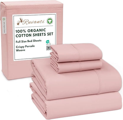 RUVANTI 100% Organic Cotton Sheets Full Size, Percale Weave, GOTS Certified, 4-Piece Set, Deep Pocket 15", Crisp & Breathable, Soft Durable Bedding, Sábanas Algodón Orgánico – Peach Skin