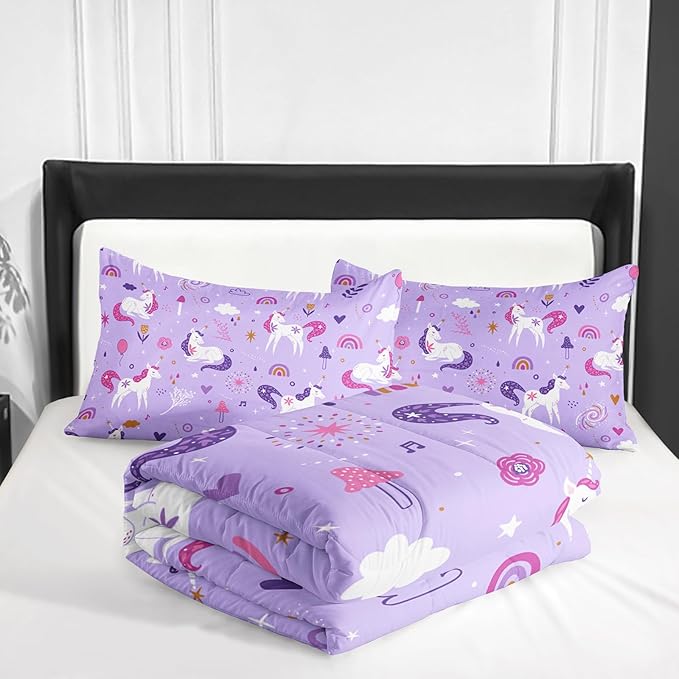 Unicorn 3 Piece Bedding Set King Size-Purple 3 Pieces Bedding Set for Kids, Unicorn Girls Comforter Set, Rainbow Clouds Star Quilt Set (1 Comforter 2 Pillowcase), All Seasons