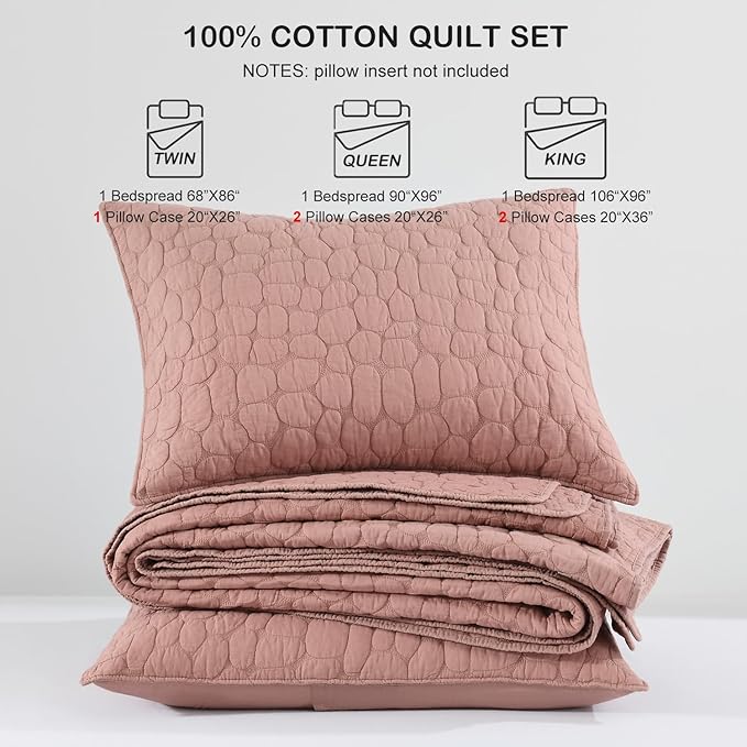 HORIMOTE HOME 100% Cotton Quilt Set King Size, Cameo Rose Pre-Washed Bedspreads Coverlet Set with Cobblestone Pattern, Cozy Lightweight Stitching Decorative Bedding Cover for All Seasons
