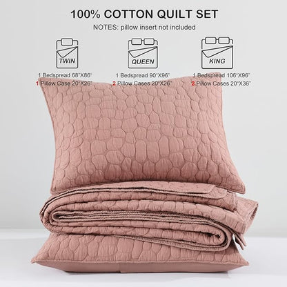 HORIMOTE HOME 100% Cotton Quilt Set King Size, Cameo Rose Pre-Washed Bedspreads Coverlet Set with Cobblestone Pattern, Cozy Lightweight Stitching Decorative Bedding Cover for All Seasons
