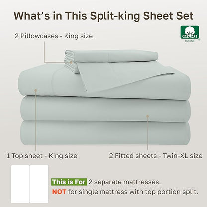 California Design Den Split King Bedsheets for Adjustable Bed, 100% Cotton Set, 500 Thread Count Sateen, Snug Fit, Includes Twin-XL Fitted Sheets, Bedding & Pillowcases (Split King, Silver Sage)