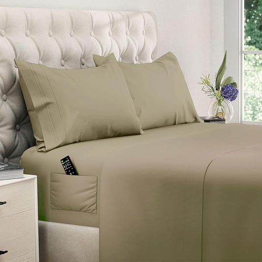 DREAMCARE Queen Size Sheets - Cooling Bed Sheets - 4pcs Set - up to 15" Deep Pocket Queen Sheet Set - Sheets Queen Size Bed - Soft & Long Lasting 100% Brushed Polyester with Side Pocket, Eucalyptus