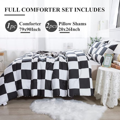 Andency Checkered Comforter Full(79x90Inch), Black White Plaid Gingham Bed Set for Teen Boys Kids, Lightweight Polyester Geometric Preppy Bedding, 3 Pieces