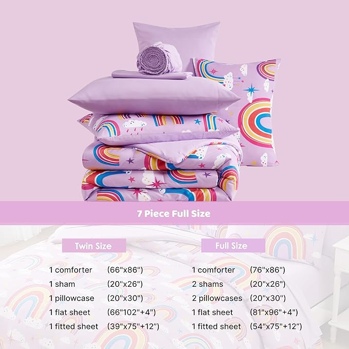 Full Size Comforter Set for Girls-7 Pieces Purple Rainbow Glow in the Dark Full Bedding Sets for Kids, Ultra Soft Bed in A Bag with Sheets