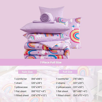Full Size Comforter Set for Girls-7 Pieces Purple Rainbow Glow in the Dark Full Bedding Sets for Kids, Ultra Soft Bed in A Bag with Sheets
