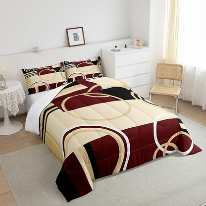 Erosebridal Modern Geometric Comforter Set Red Brown Black Stripes Down Comforter King Size Retro Circle Swirls Bedding Set Bedroom Decor Abstract Texture Color Art Comforter for Kids Adult