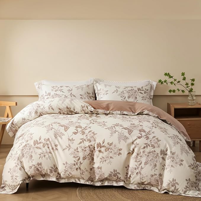 Duvet Cover Set Twin Size Floral Pattern 600 Thread Count Ultra Soft 100% Long Staple Cotton Duvet Cover Sets 3-PC, Breathable Duvet Cover with Zipper Closure & Corner Ties