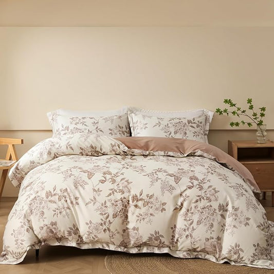 Duvet Cover Set Queen Size Floral Pattern 600 Thread Count Ultra Soft 100% Long Staple Cotton Duvet Cover Sets 3-PC, Breathable Duvet Cover with Zipper Closure & Corner Ties