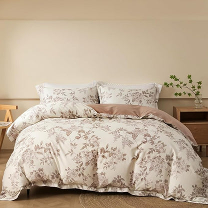 Duvet Cover Set King Size Floral Pattern 600 Thread Count Ultra Soft 100% Long Staple Cotton Duvet Cover Sets 3-PC, Breathable Duvet Cover with Zipper Closure & Corner Ties