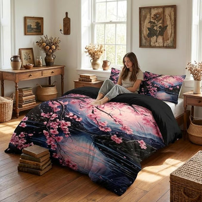 Cherry Blossoms Bedding Set Queen Size, Black Pink Japanese Comforter Set for Girls, 3Pcs Soft Microfiber Quilted Set with 2 Pillowcases, 90"x90"