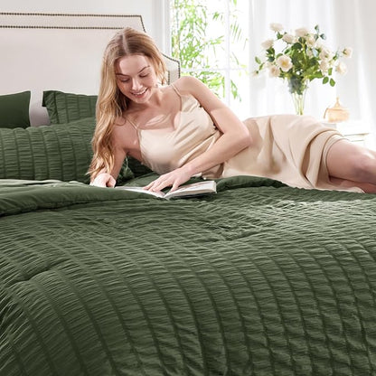 CozyLux Twin Comforter Set with Sheets 5 Pieces, Olive Green Seersucker Textured Bed in a Bag, Luxury Soft Bedding Sets with Down Alternative Comforter, Sheets, Pillowcase & Sham for All Seasons