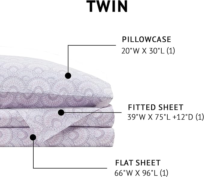 Comfort Spaces 100% Cotton Sheet Set Breathable, Lightweight, Soft with 12" Elastic Pocket Fits up to 14" Mattress, All Season Cozy Bedding, Matching Pillow Case, Twin Tabitha Purple 3 Piece